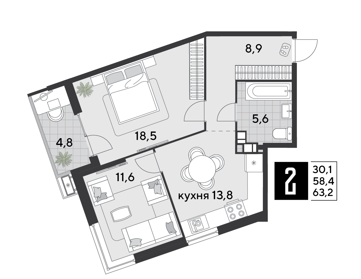 Планировка 2-комнатная 63,2 м²