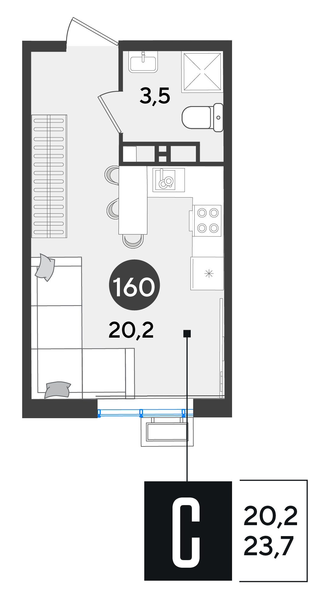 Планировка: Студия 23,7 м²