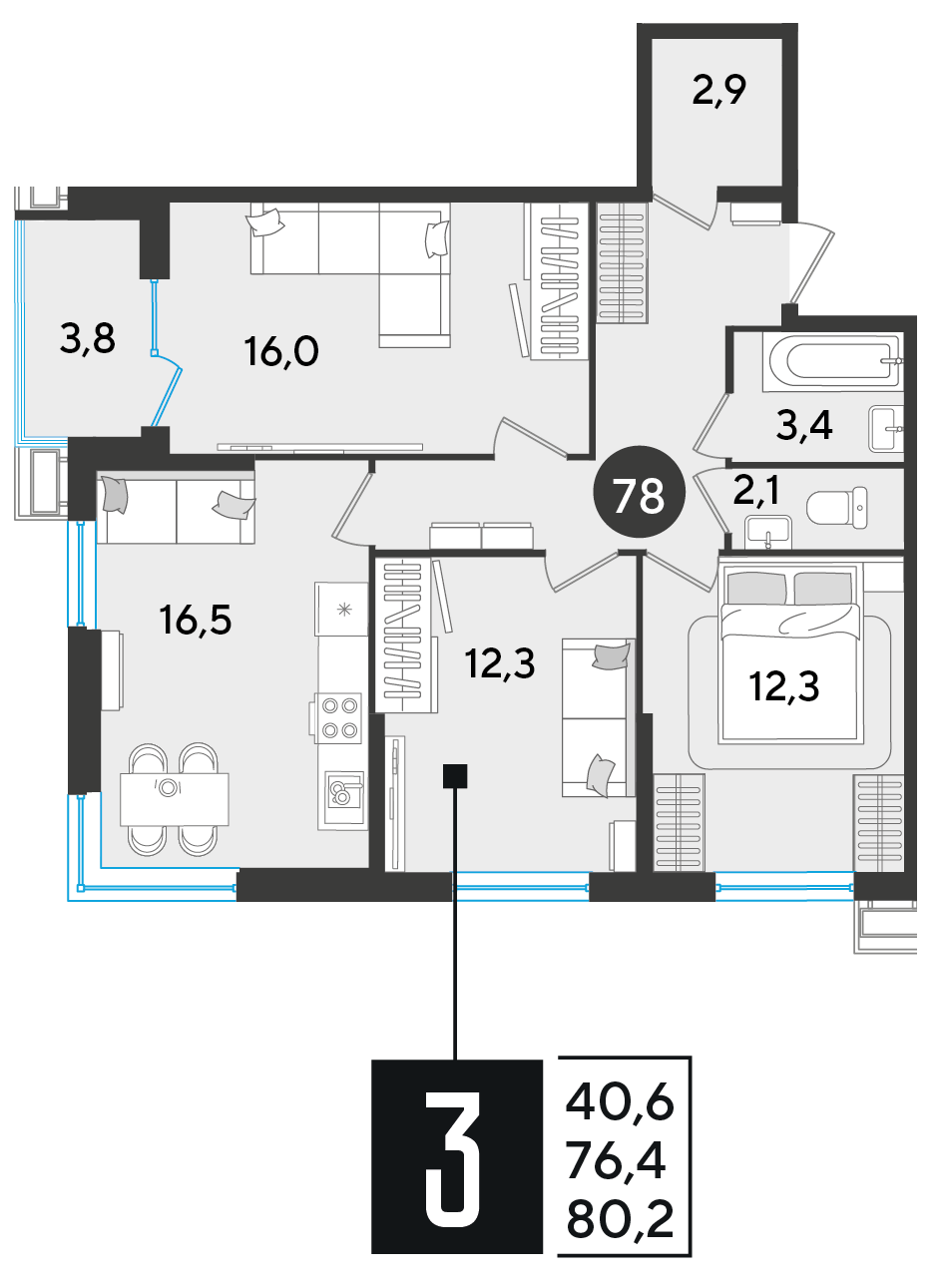 Планировка 3-комнатная 80,2 м²