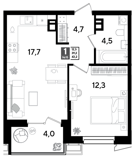 Планировка: 1-комн. квартира 43,2 м²
