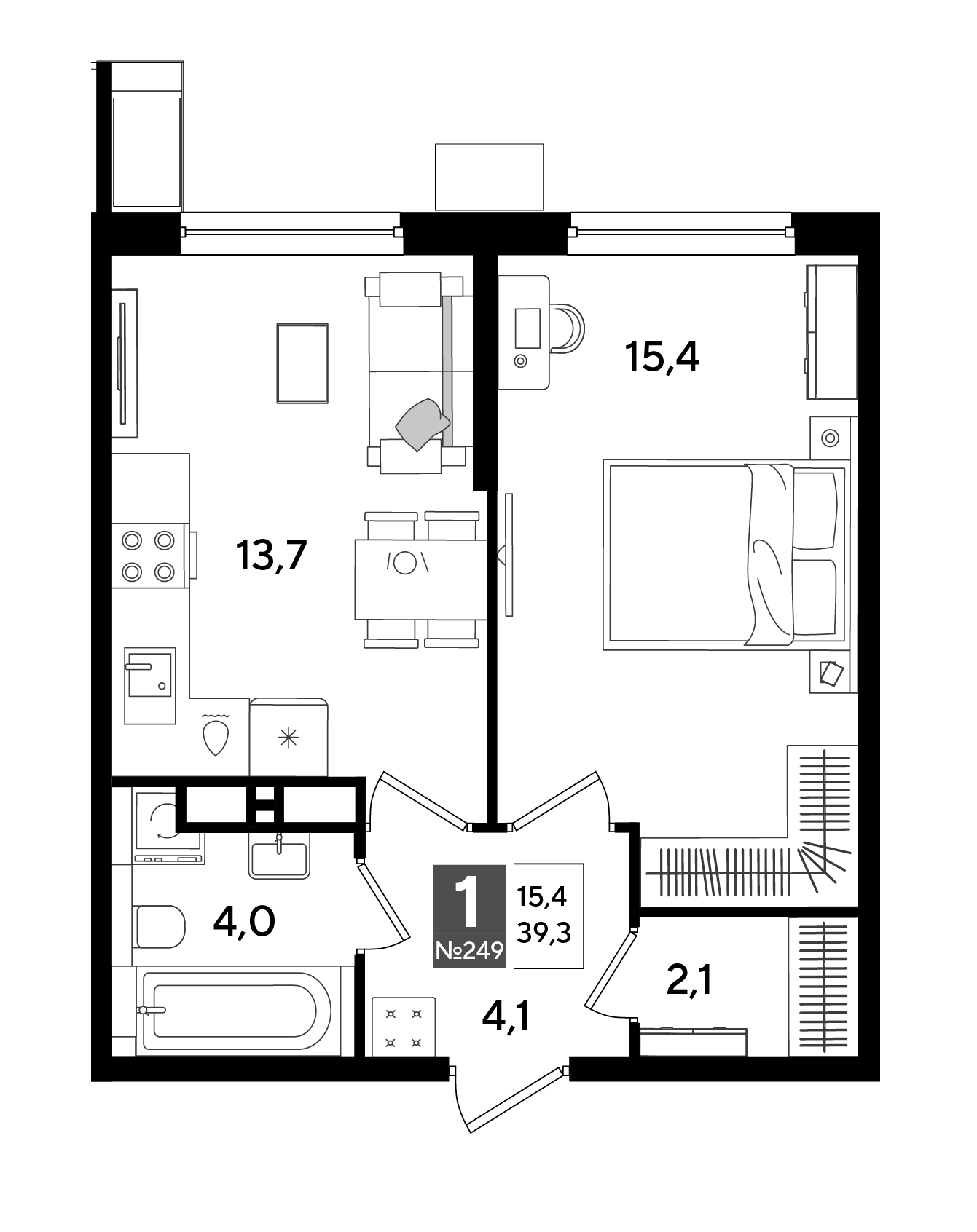 Планировка: 1-комн. квартира 39,3 м²