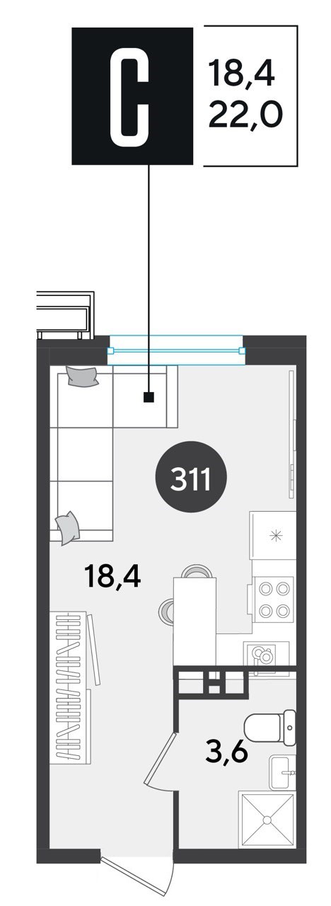 Планировка: Студия 22 м²