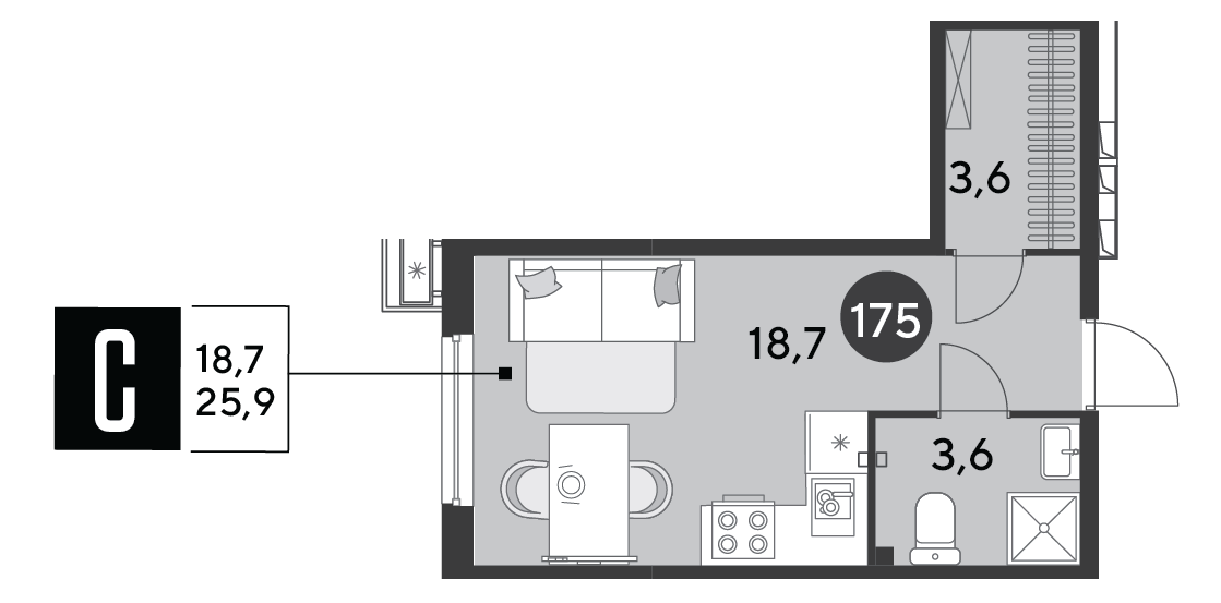 Планировка: Студия 25,9 м²