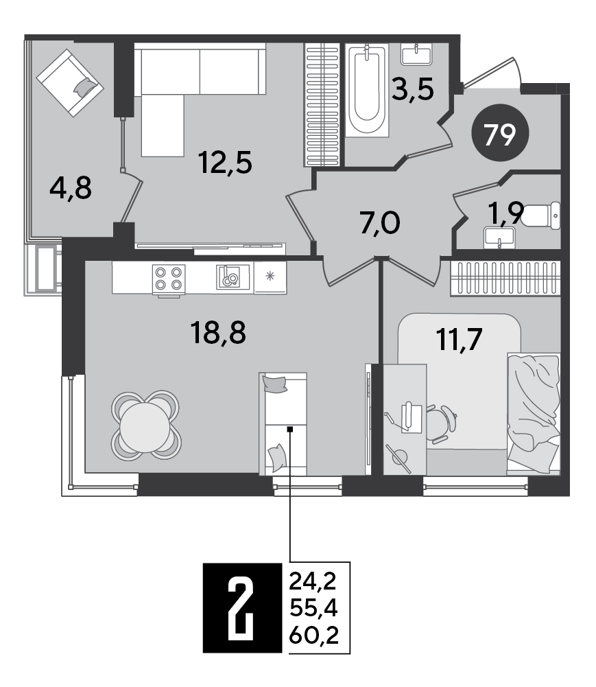 Планировка: 2-комн. квартира 60,2 м²