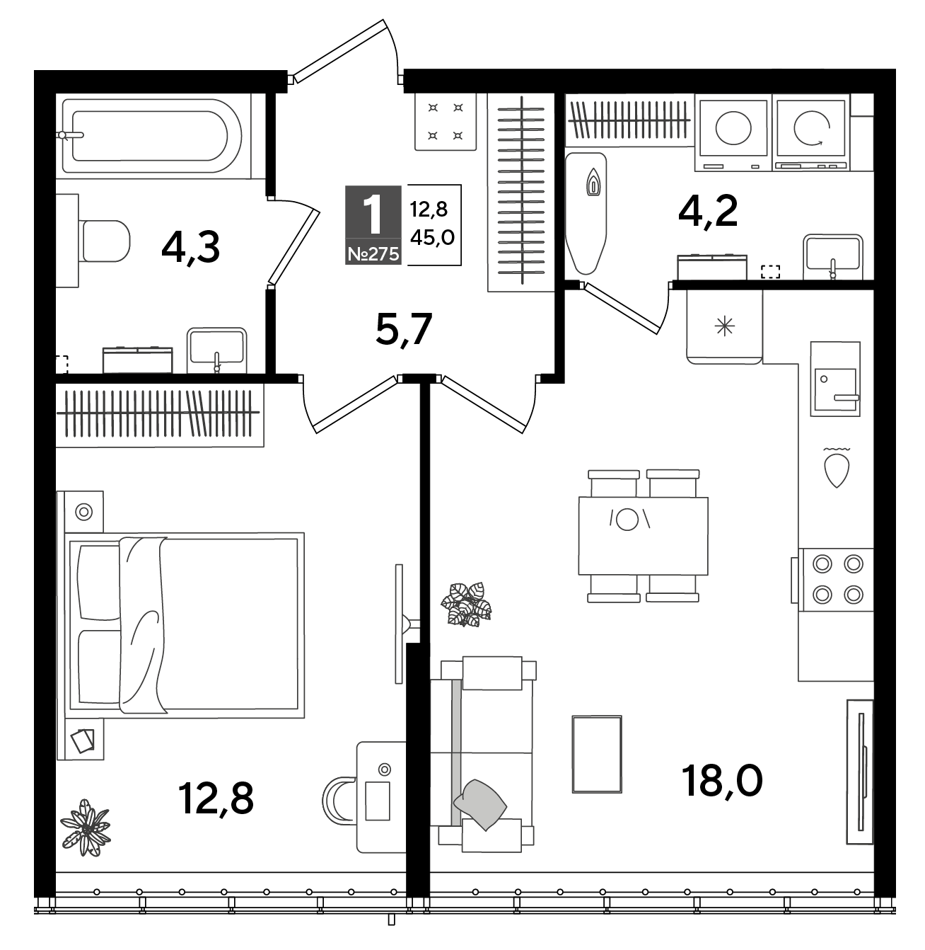 Планировка 1-комнатная 45 м²