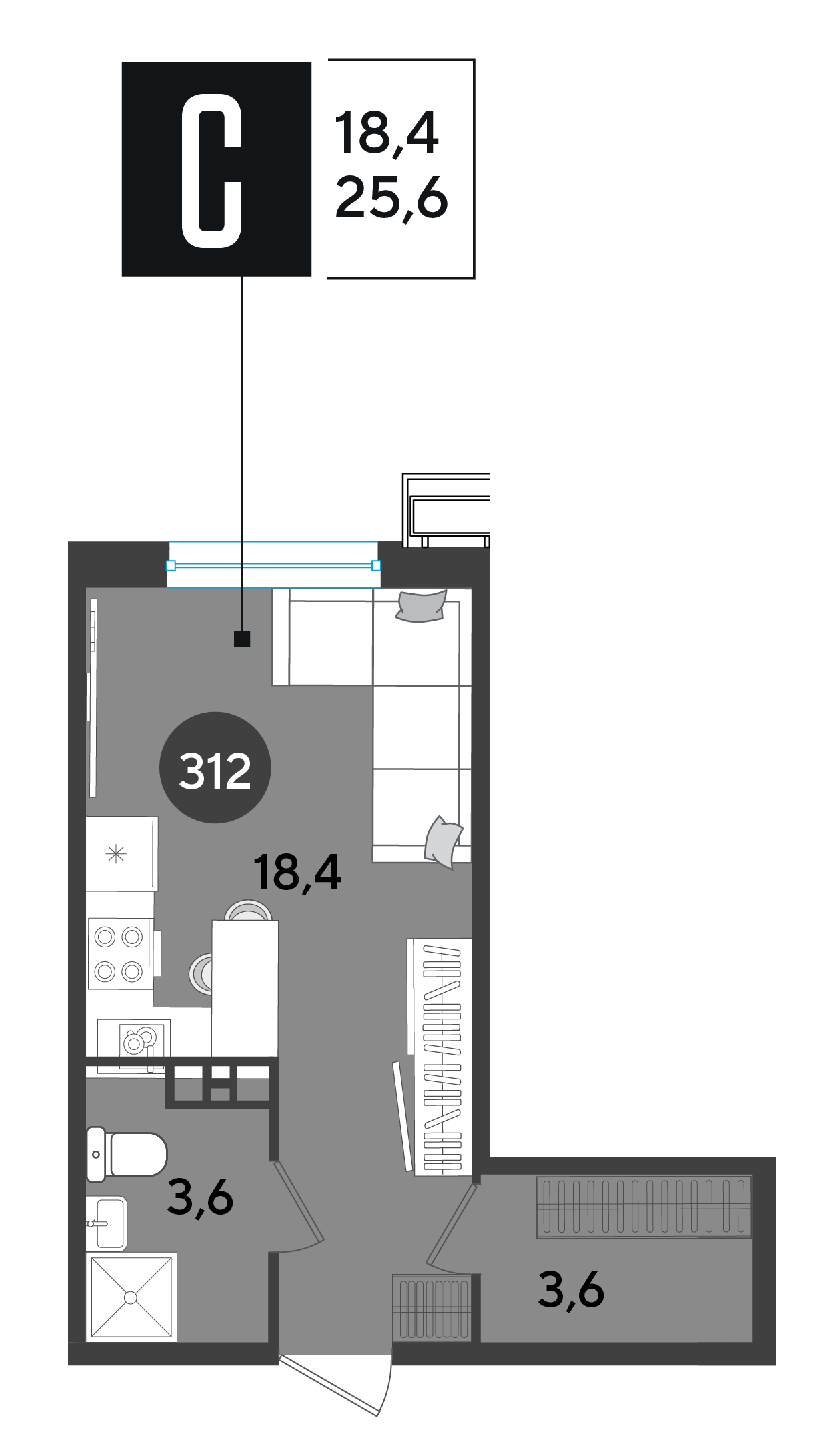 Планировка: Студия 25,6 м²