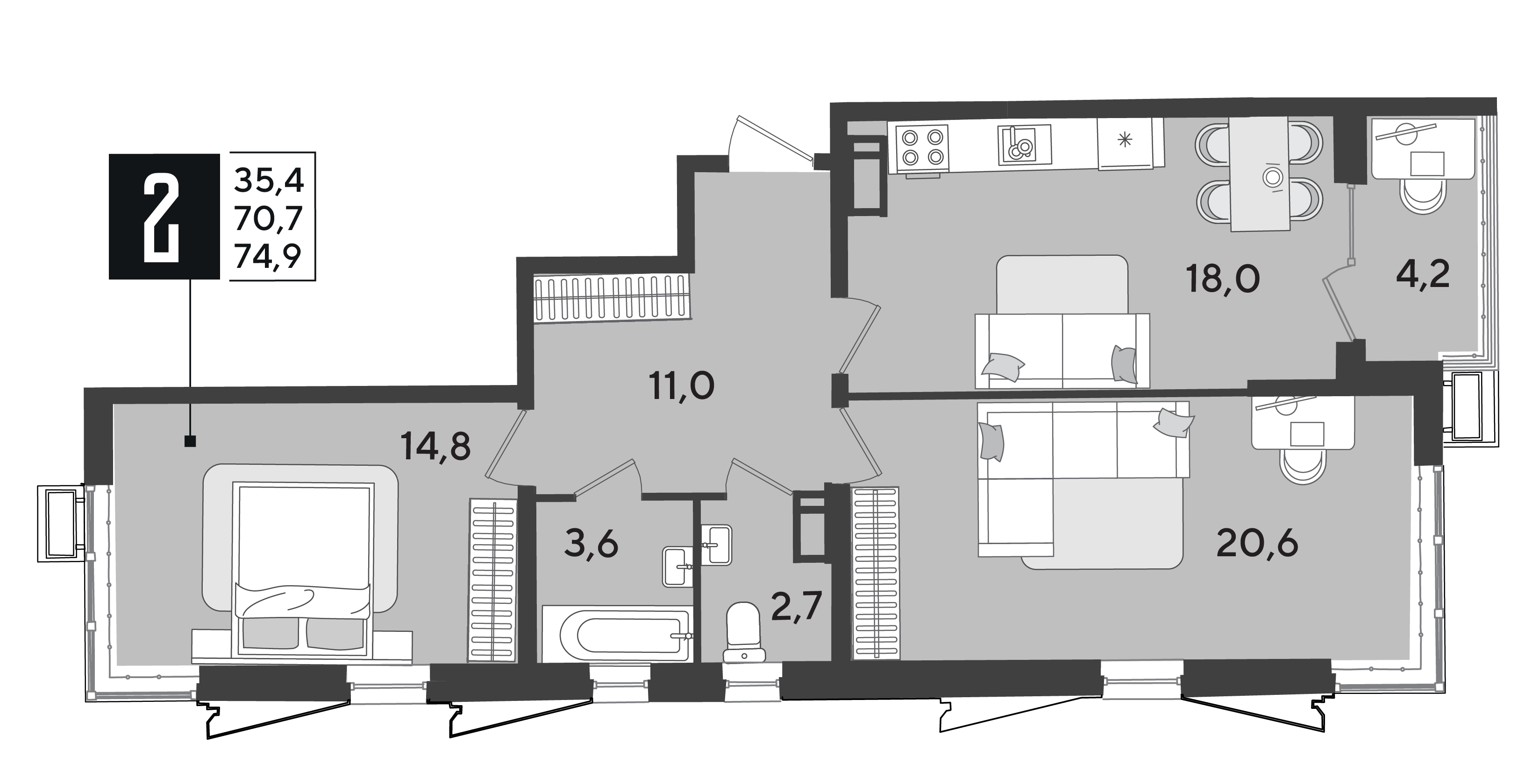 Планировка: 2-комн. квартира 76 м²
