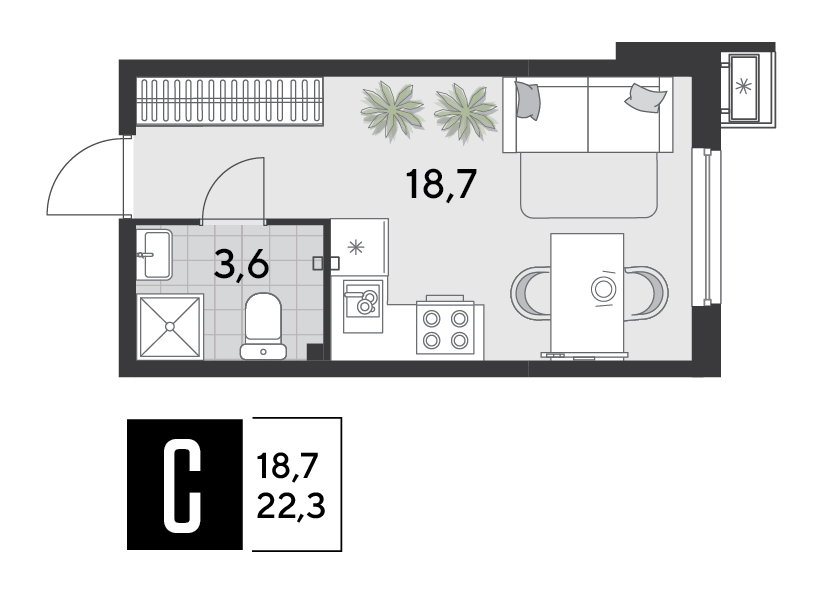 Планировка: Студия 22,3 м²