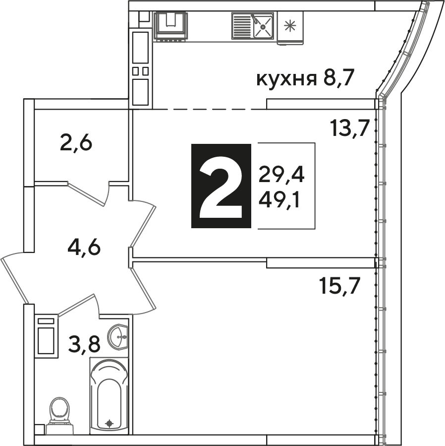 Планировка 2-комнатная 49,1 м²