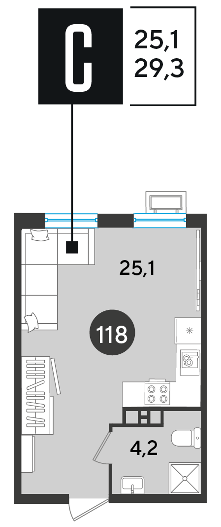 Планировка Студия 29,3 м²