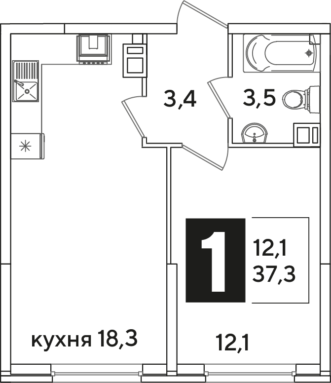 Планировка: 1-комн. квартира 37,3 м²
