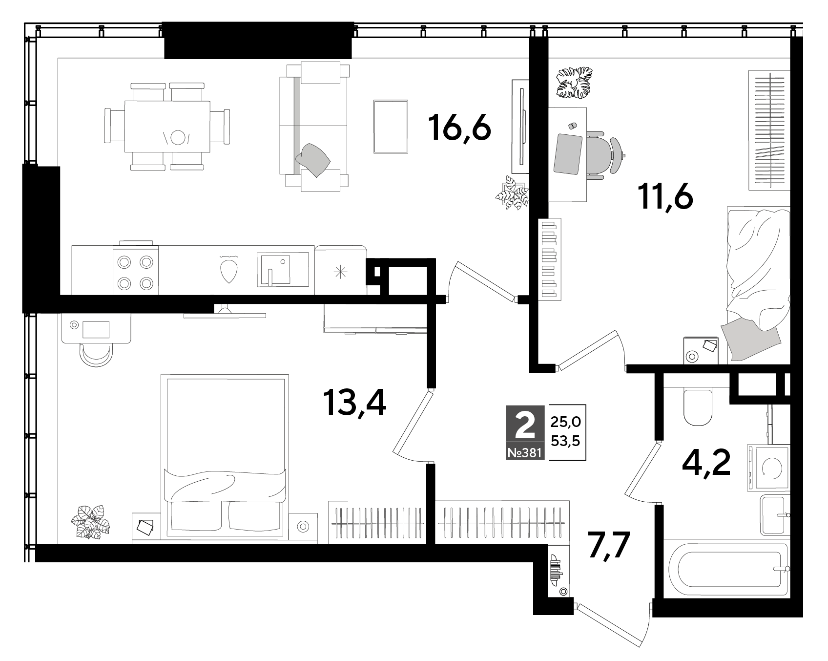 Планировка: 2-комн. квартира 53,5 м²
