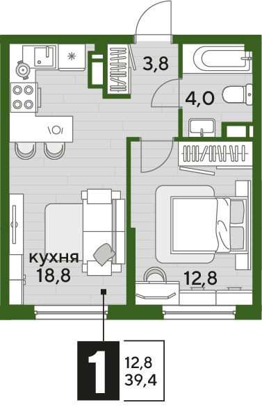 Планировка: 1-комн. квартира 39,4 м²