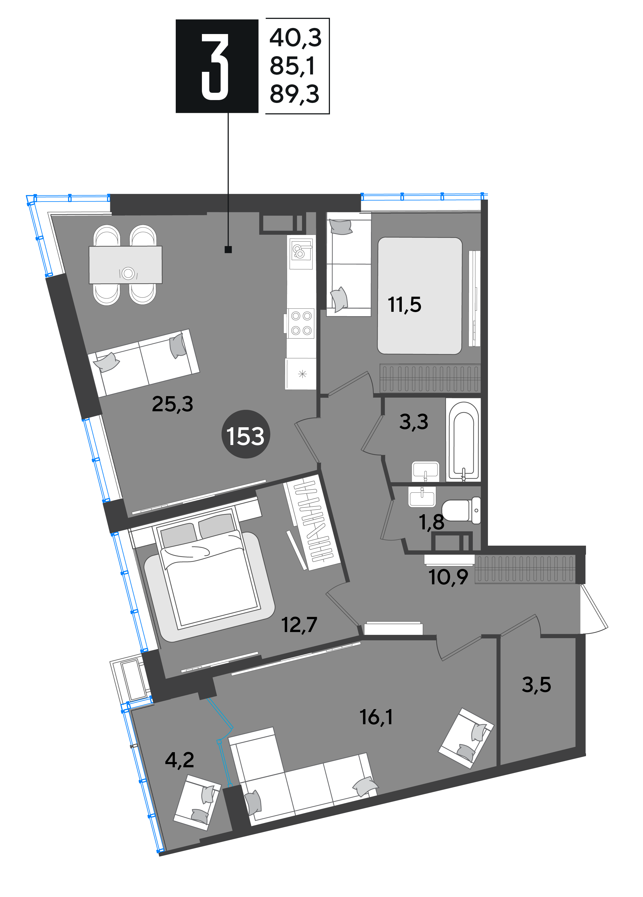 Планировка: 3-комн. квартира 89,3 м²