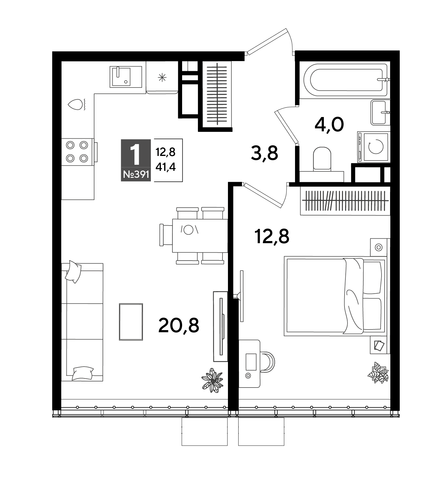 Планировка: 1-комн. квартира 41,4 м²