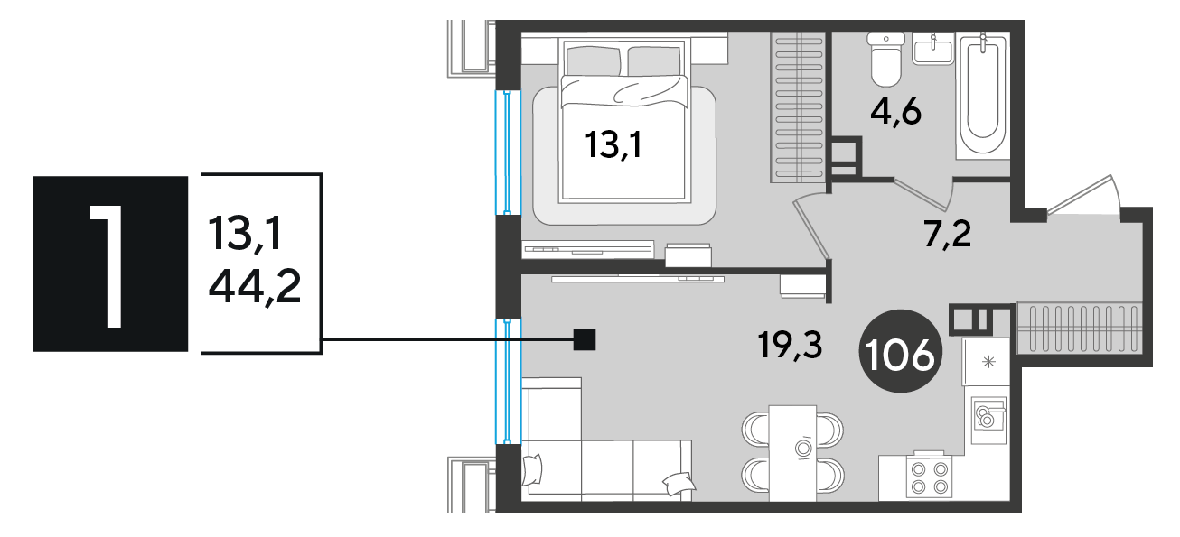 Планировка 1-комнатная 44,2 м²