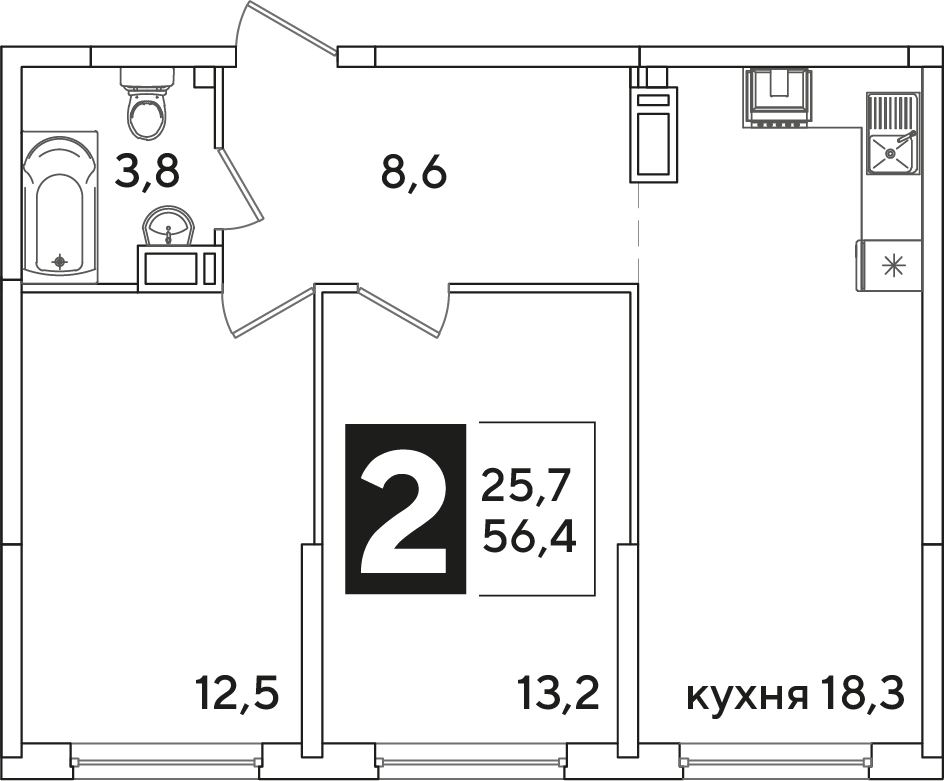 Планировка 2-комнатная 56,4 м²