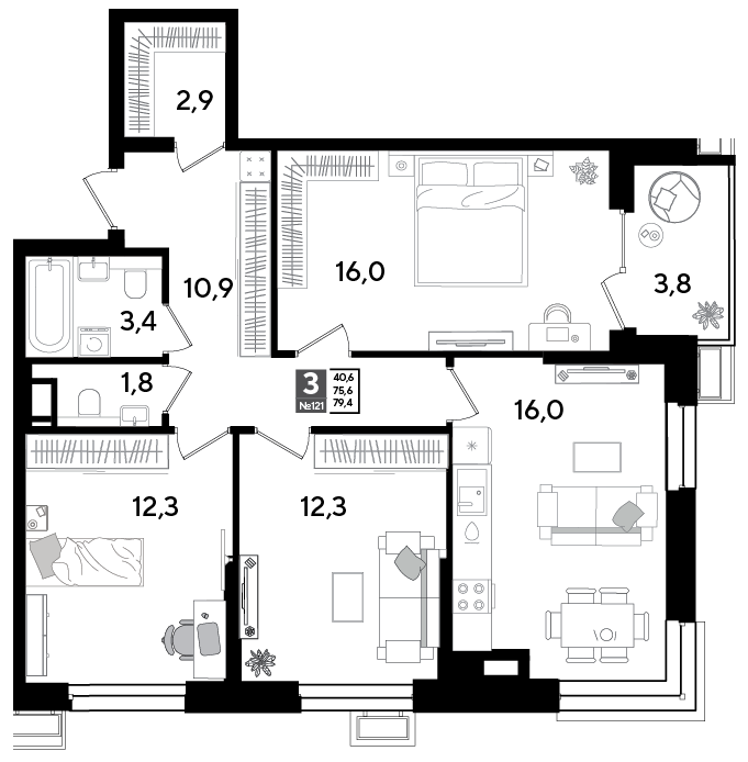 Планировка: 3-комн. квартира 79,4 м²