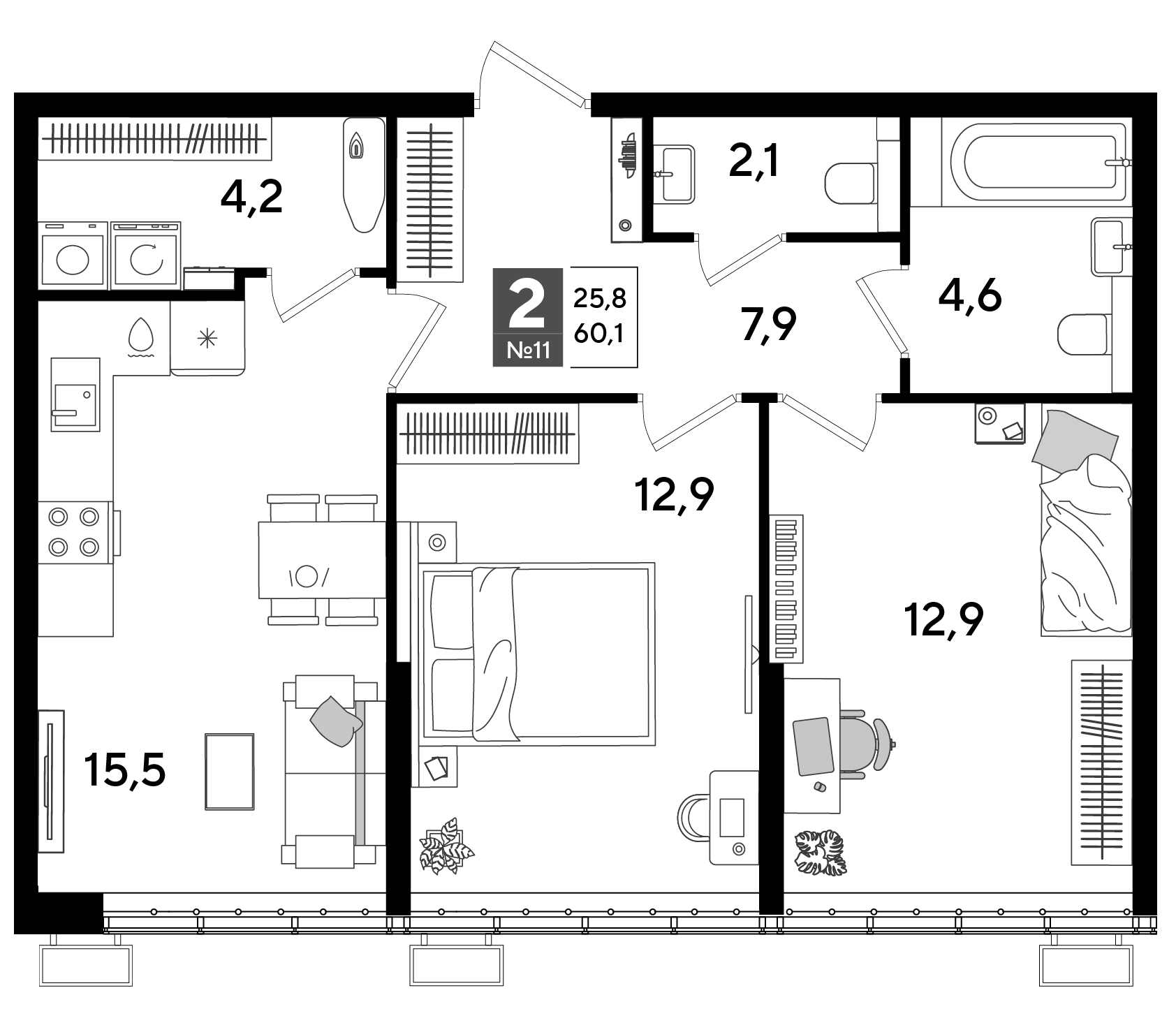 Планировка: 2-комн. квартира 60,1 м²