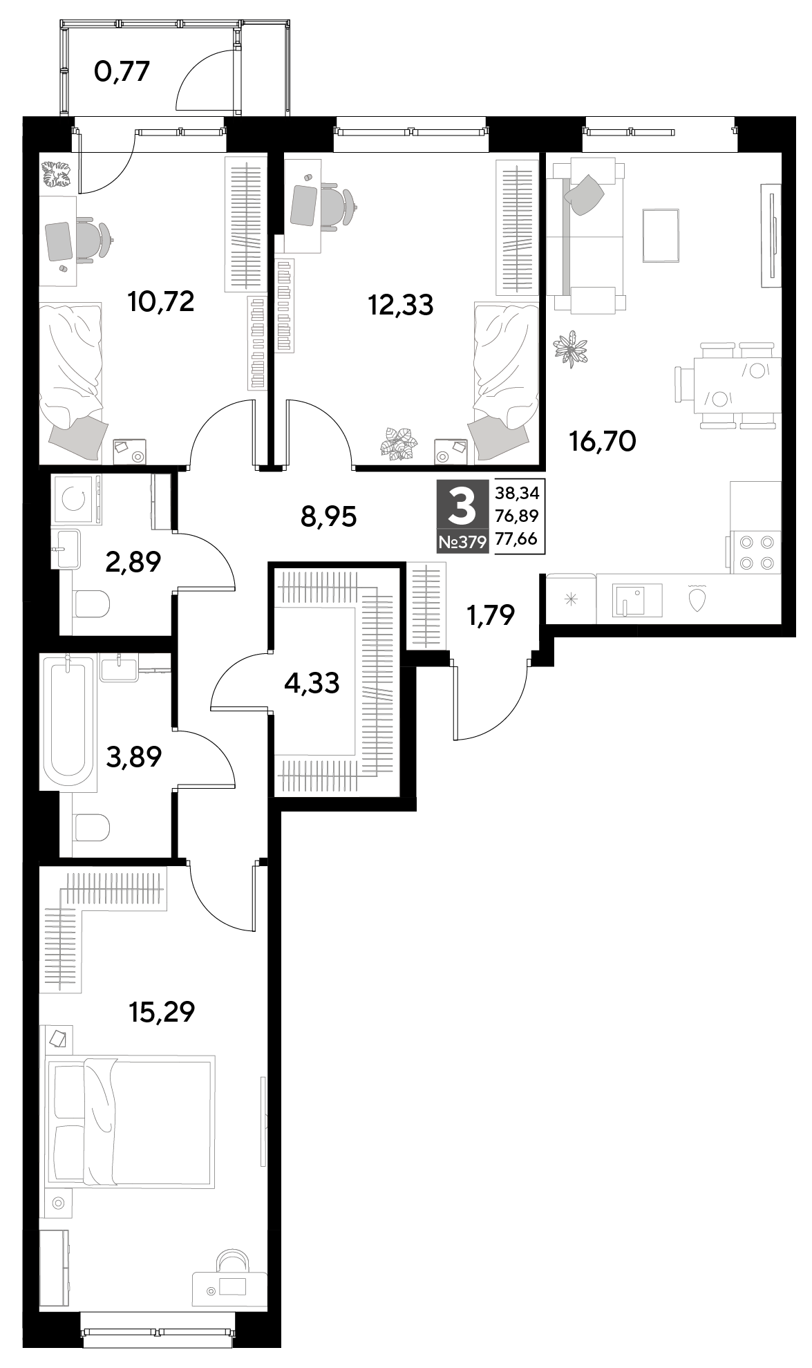 Планировка 3-комнатная 77,66 м²