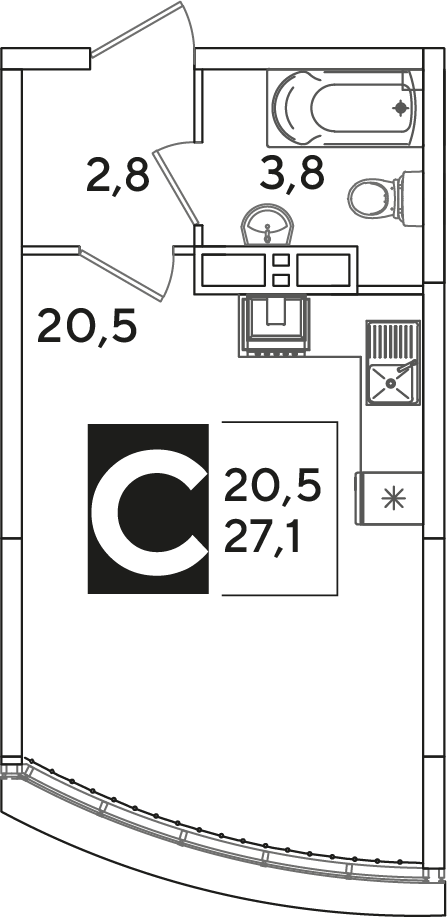 Планировка: Студия 27,1 м²