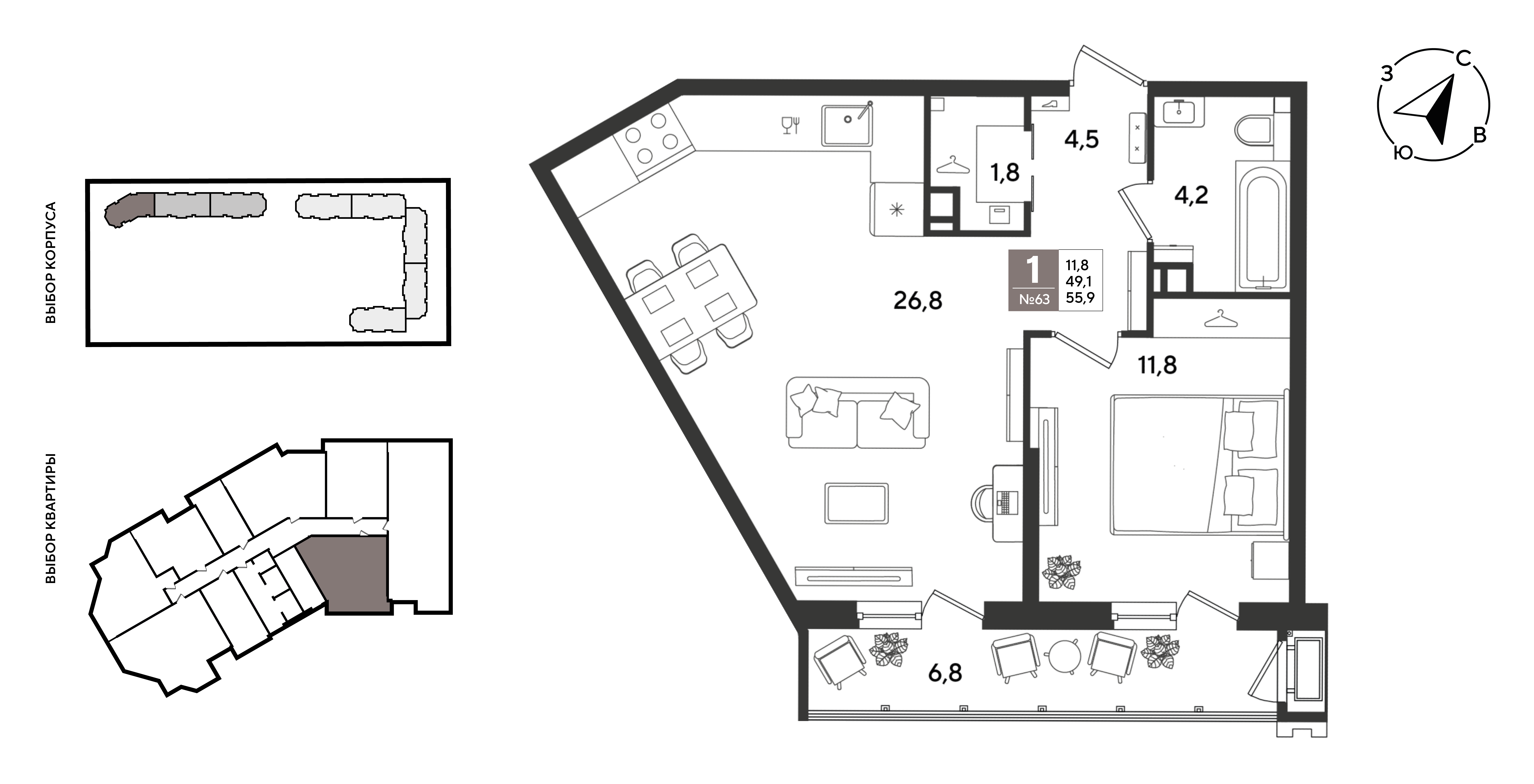 Планировка: 1-комн. квартира 56 м²
