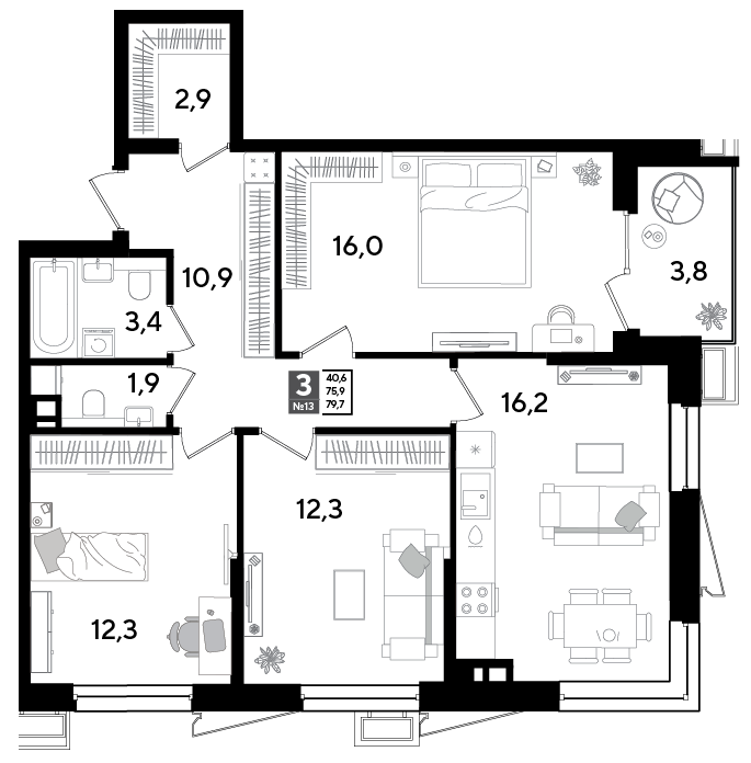 Планировка: 3-комн. квартира 79,7 м²