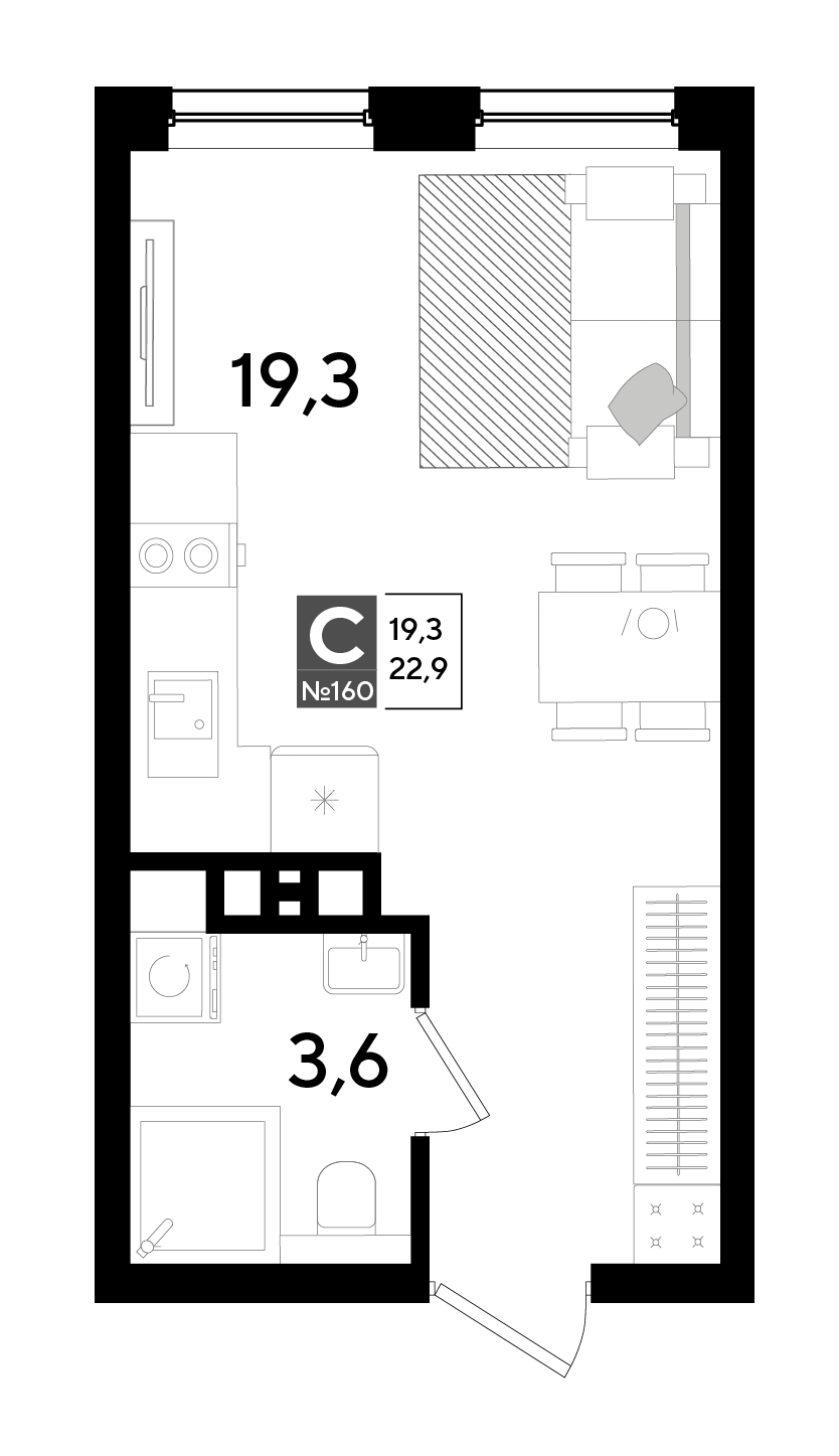 Планировка: Студия 22,9 м²