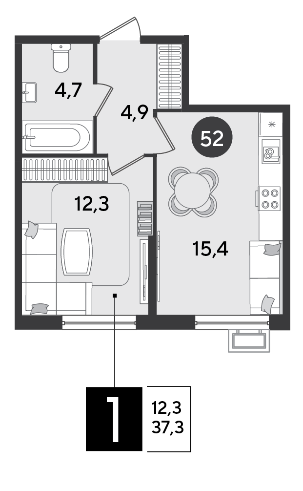 Планировка: 1-комн. квартира 37,3 м²