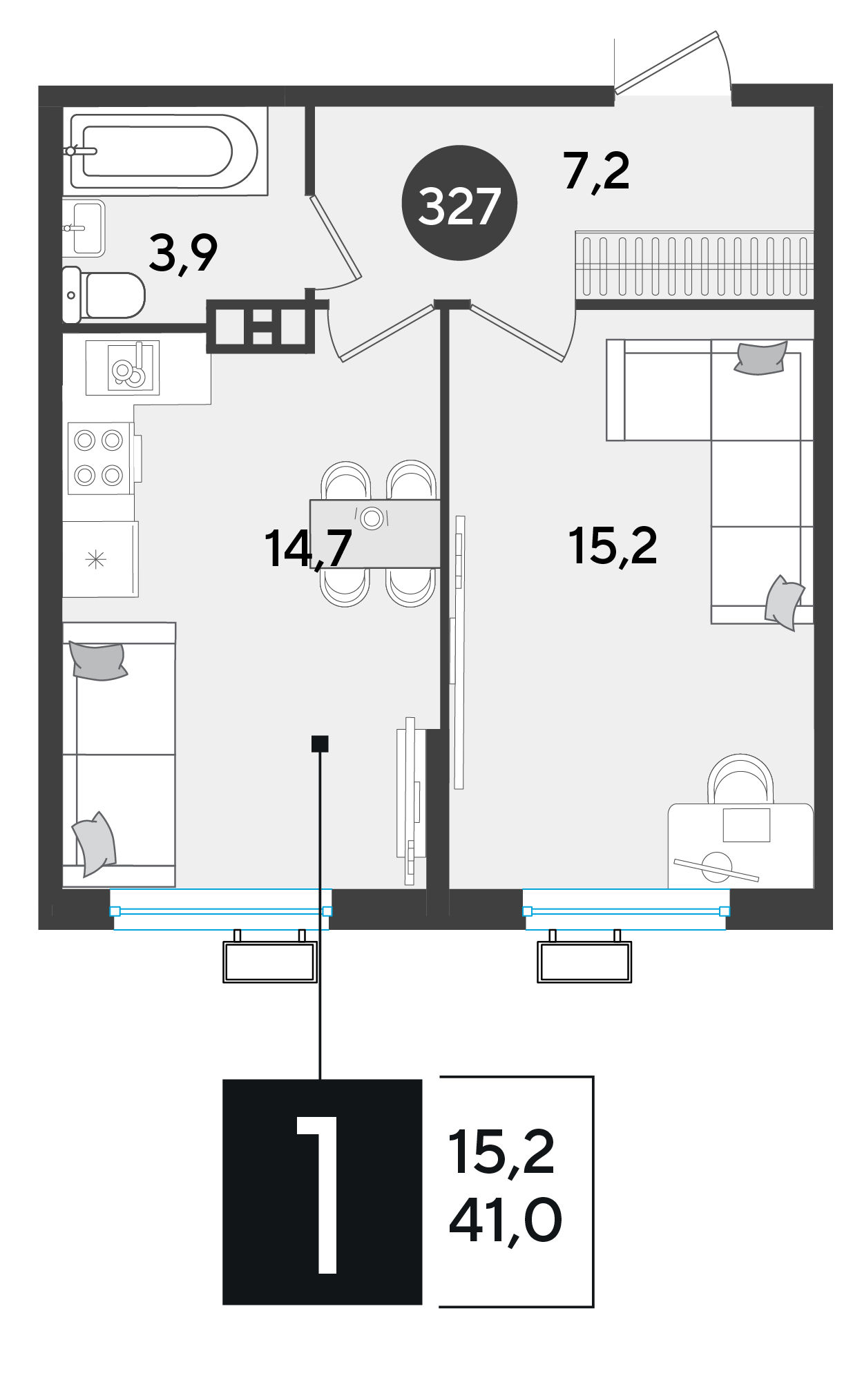 Планировка: 1-комн. квартира 41 м²