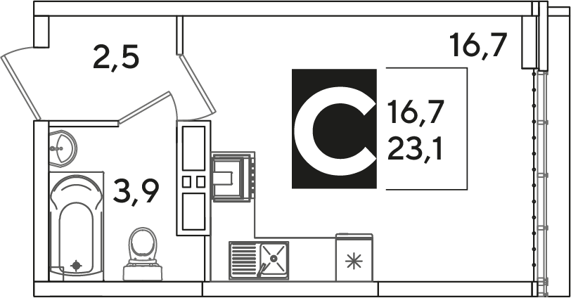Планировка: Студия 23,1 м²