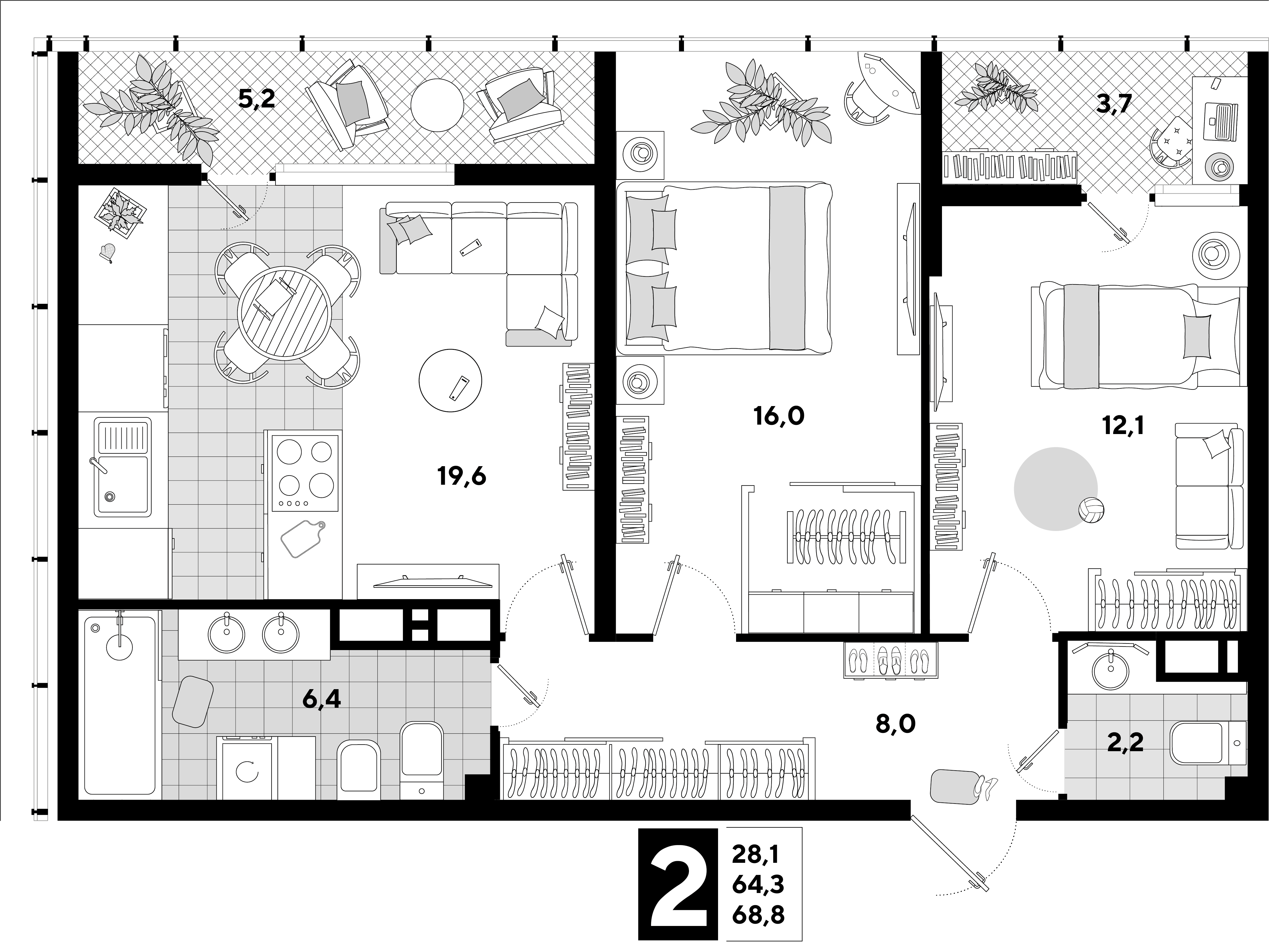 Планировка: 2-комн. квартира 68,9 м²