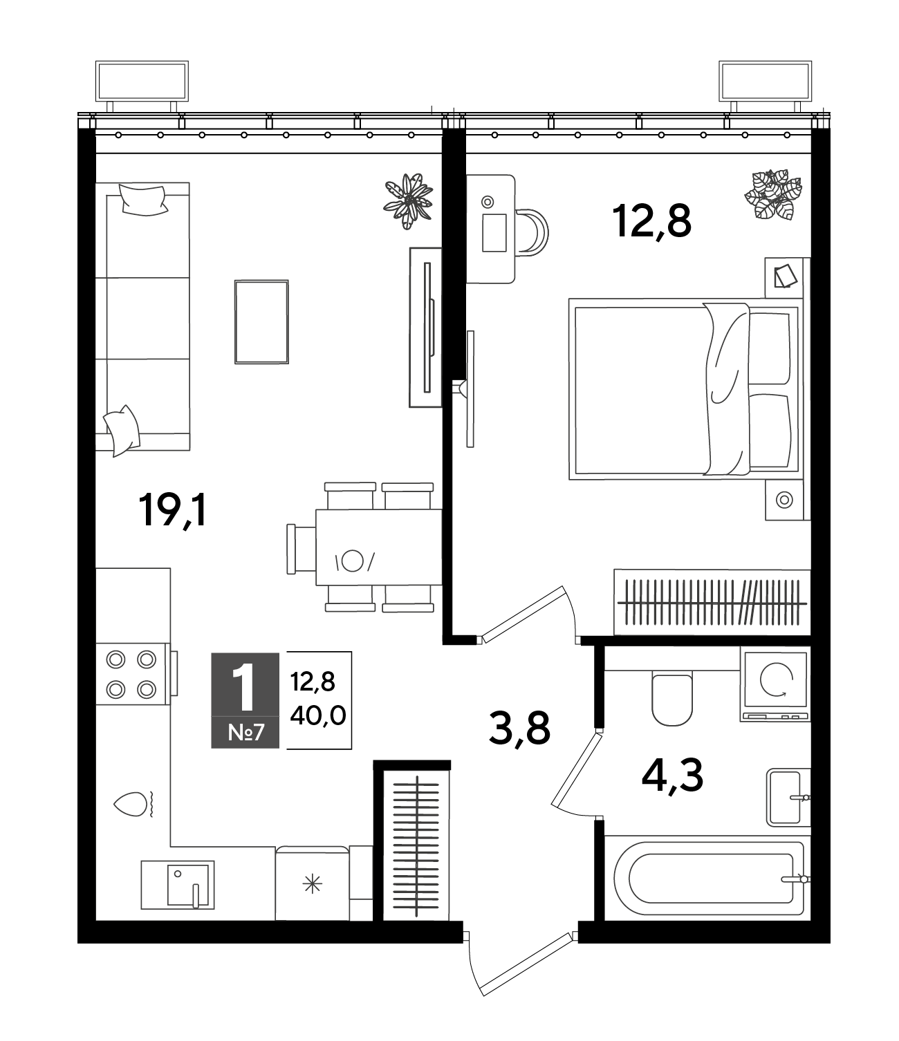 Планировка 1-комнатная 40 м²