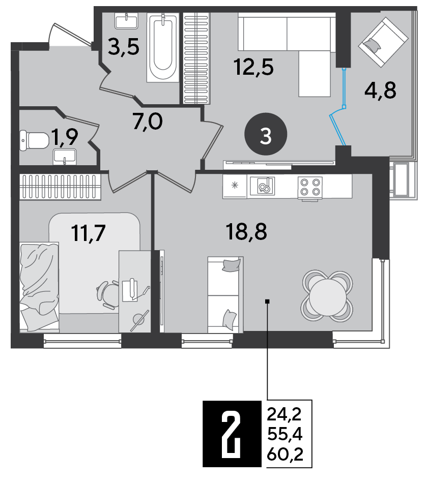 Планировка: 2-комн. квартира 60,2 м²
