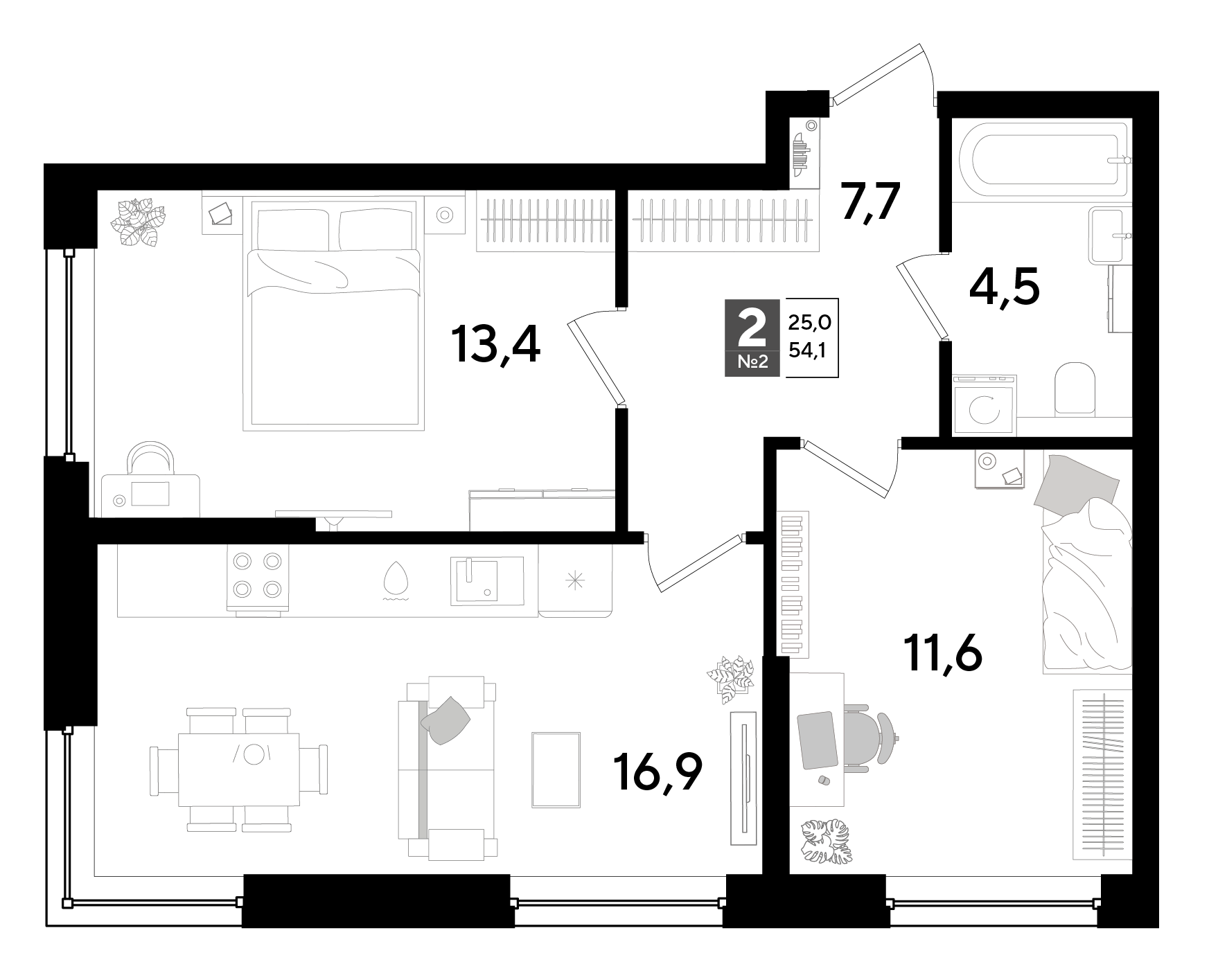 Планировка 2-комнатная 54,1 м²