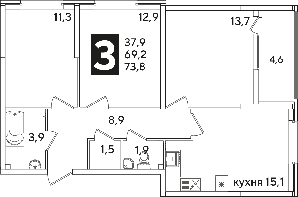 Планировка: 3-комн. квартира 73,8 м²