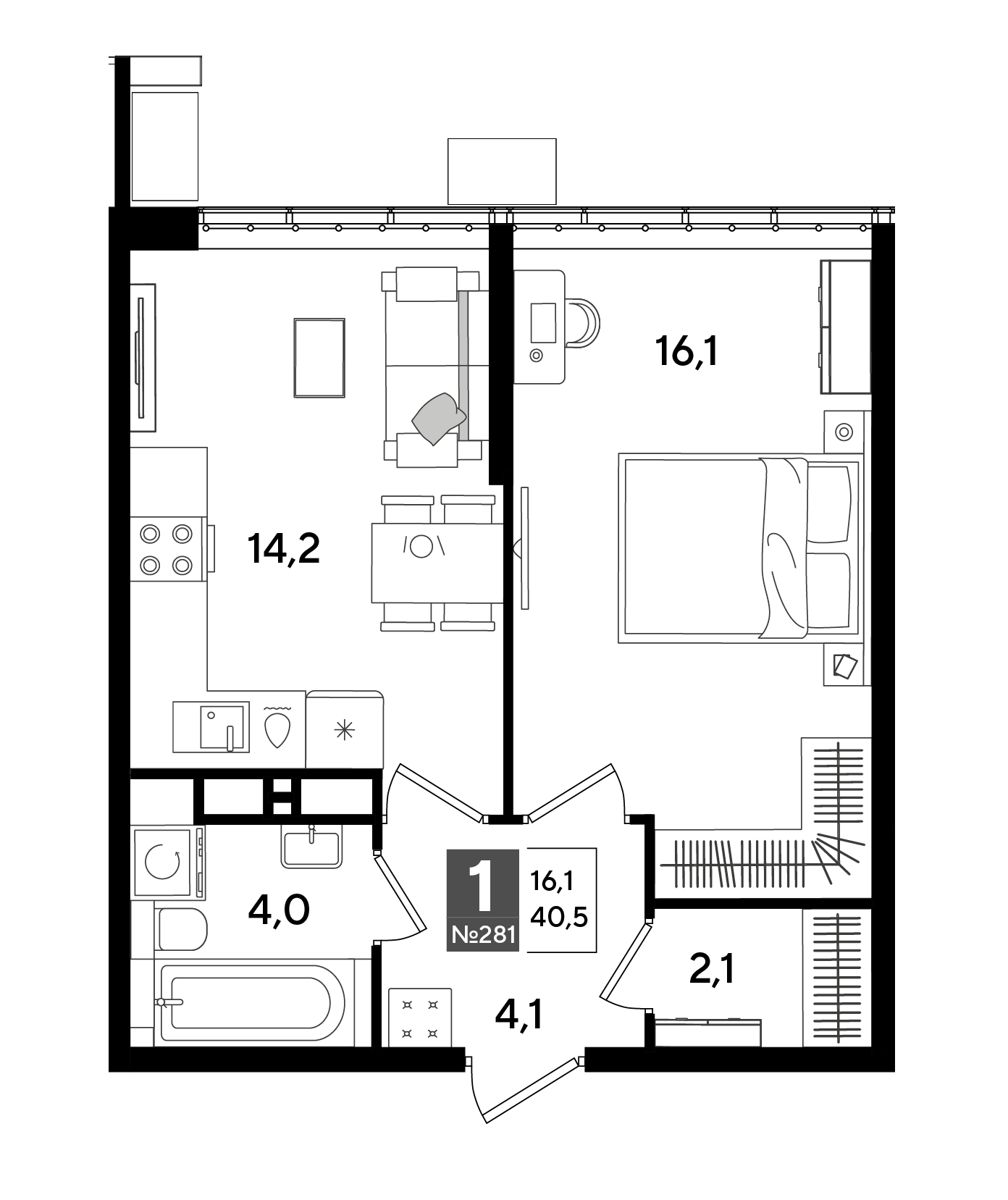 Планировка: 1-комн. квартира 40,5 м²