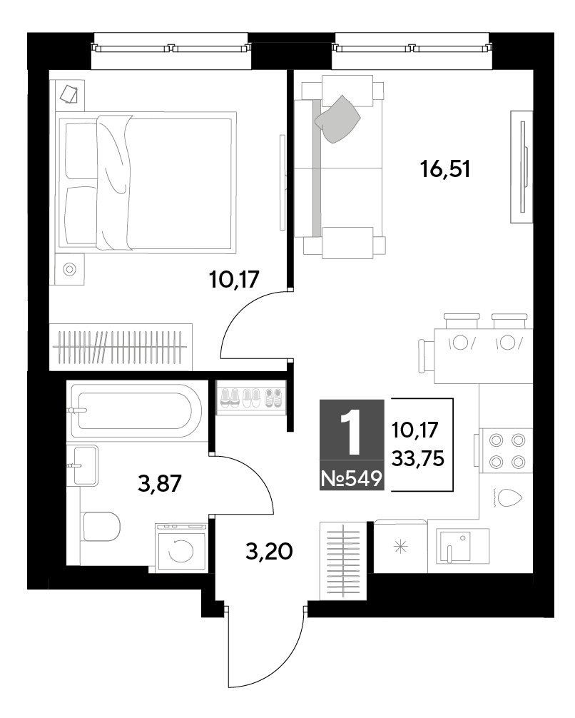 Планировка 1-комнатная 33,75 м²