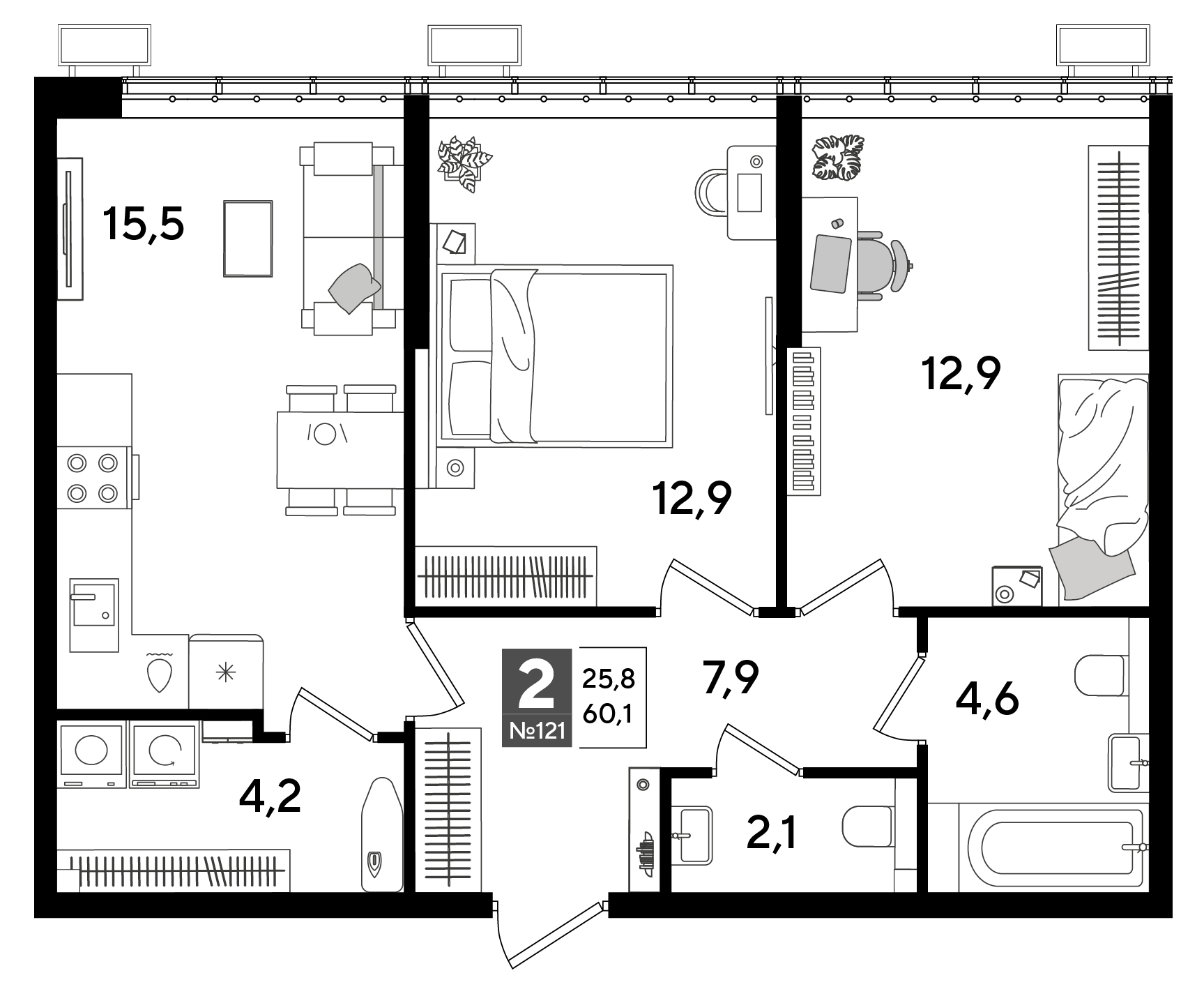 Планировка: 2-комн. квартира 60,1 м²
