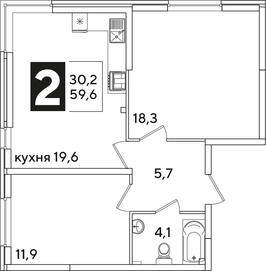 Планировка: 2-комн. квартира 59,6 м²