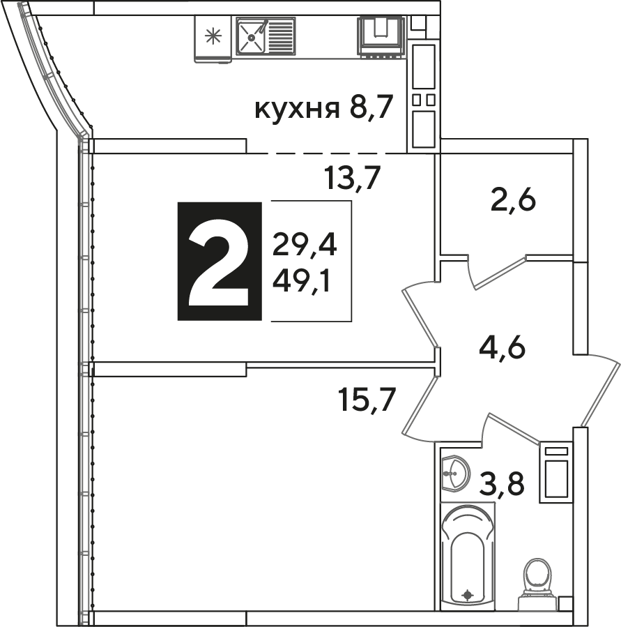 Планировка: 2-комн. квартира 49,1 м²