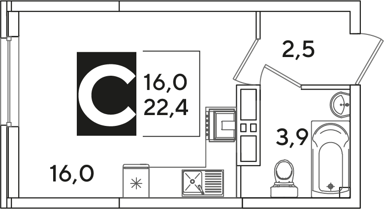 Планировка: Студия 22,4 м²
