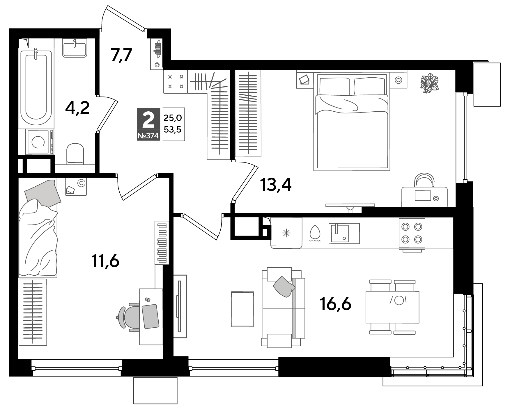 Планировка: 2-комн. квартира 53,5 м²