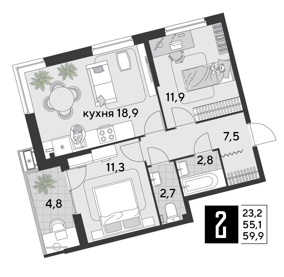 Планировка: 2-комн. квартира 60,2 м²