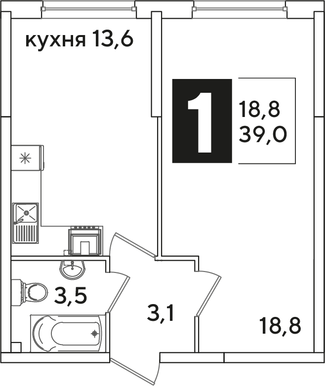 Планировка: 1-комн. квартира 39 м²