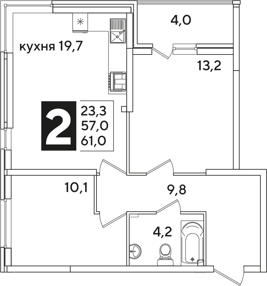 Планировка: 2-комн. квартира 61 м²