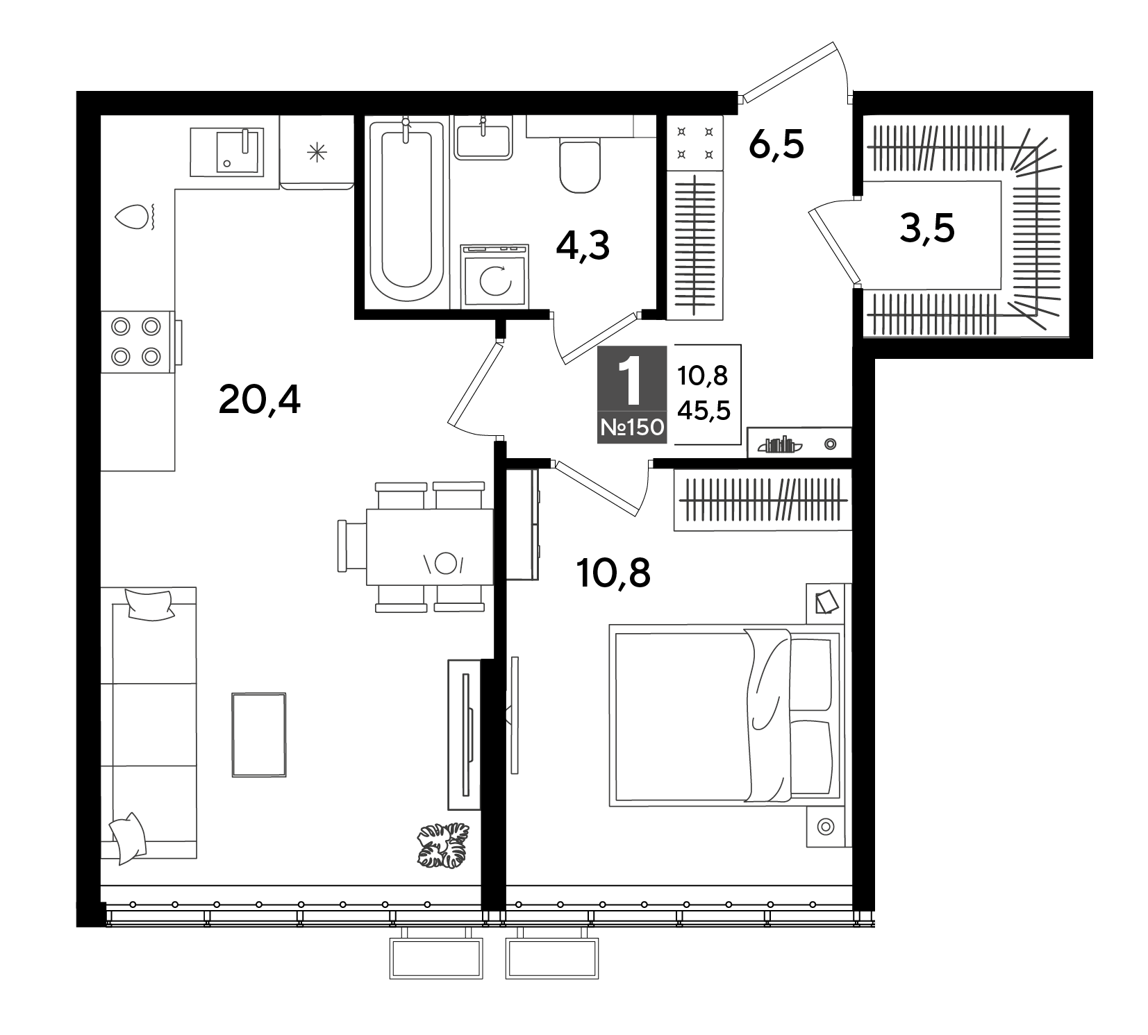 Планировка: 1-комн. квартира 45,5 м²