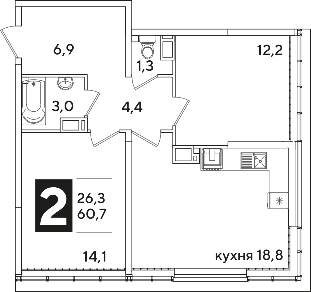 Планировка: 2-комн. квартира 60,7 м²