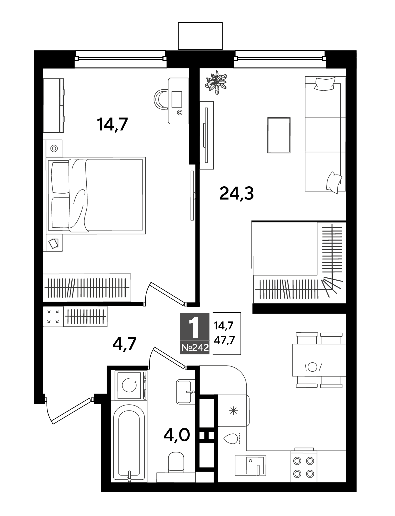 Планировка: 1-комн. квартира 47,7 м²