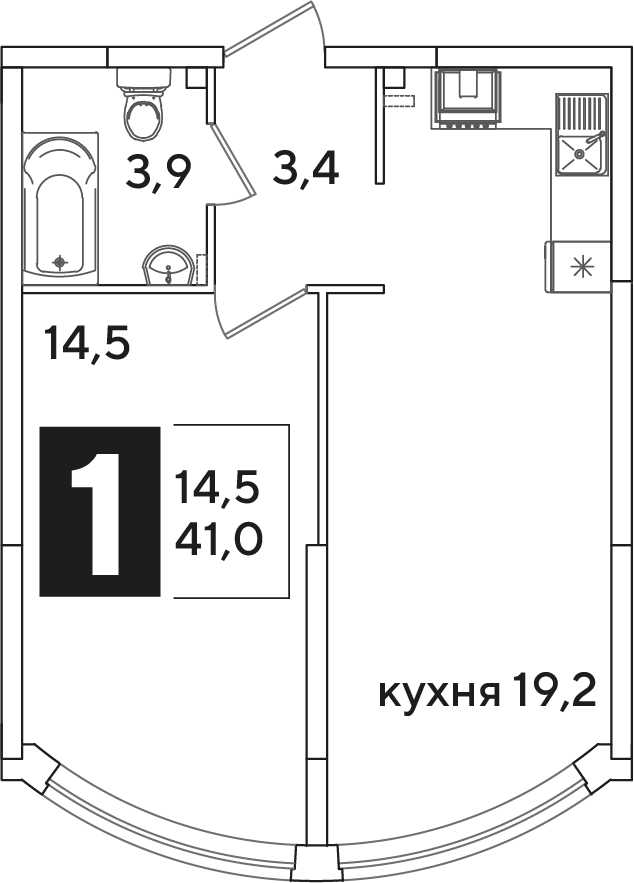 Планировка 1-комнатная 41 м²